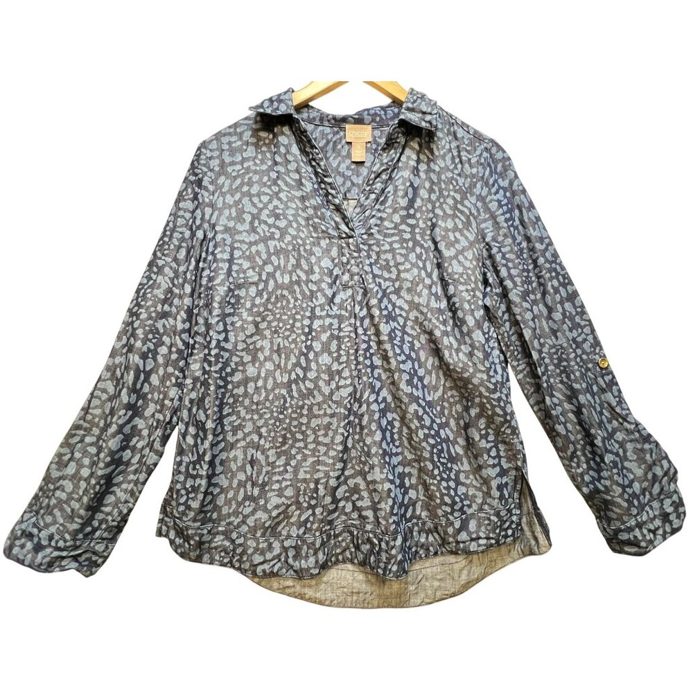 Chico's Womens V-Neck Collared Blouse Long Sleeve Size 1 Dark Gray Leopard Print